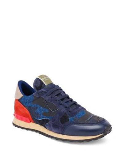 Valentino Garavani Rockrunner Leather And Suede Low-top Trainers In Navy