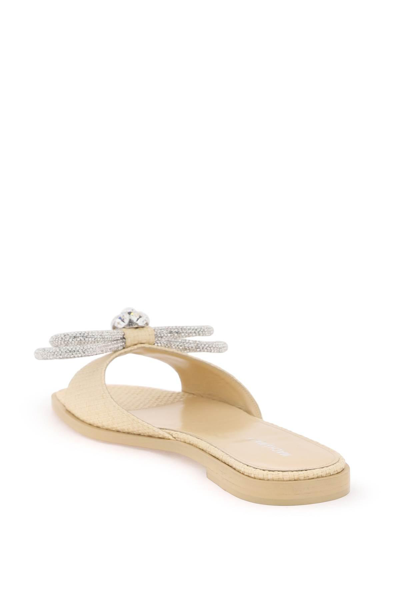 Mach&mach 10mm Double Bow Raffia Flat Sandals In Beige,silver