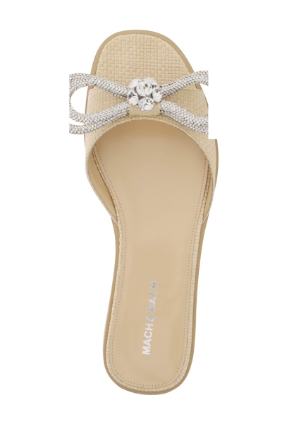 Mach&mach 10mm Double Bow Raffia Flat Sandals In Beige,silver