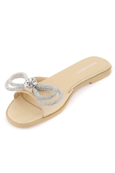 Mach&mach 10mm Double Bow Raffia Flat Sandals In Beige,silver