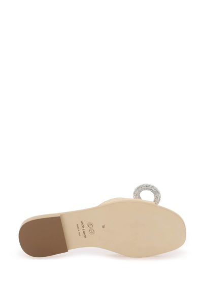 Mach&mach 10mm Double Bow Raffia Flat Sandals In Beige,silver