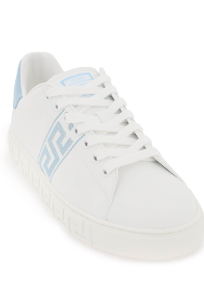 Shop Versace Greca Sneakers With Embroidery In White,light Blue