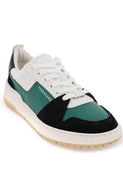 Shop Ferragamo Smooth And Suede Leather Sneakers In White,green,black