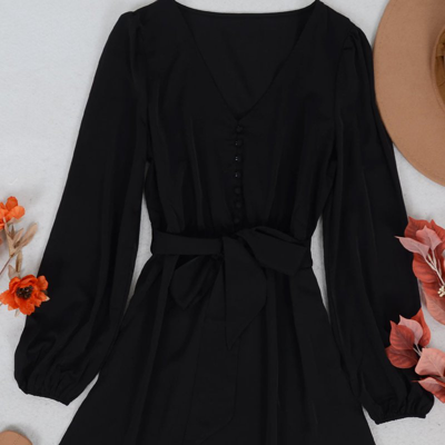 Shop Anna-kaci Button Detail Bishop Sleeve Dress In Black