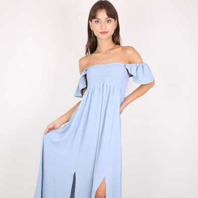 Shop Anna-kaci Ruffled Cap Sleeve Maxi Slit Dress In Blue