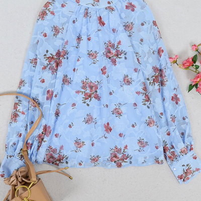 Shop Anna-kaci Multi-floral Pattern Bishop Sleeve Blouse In Blue