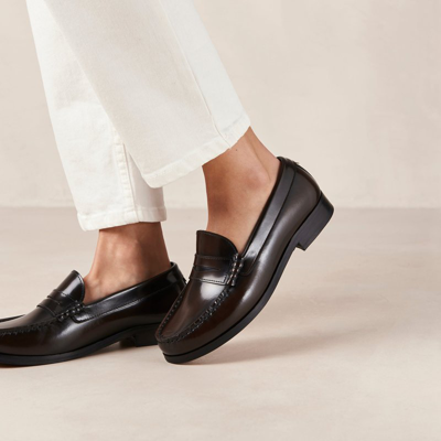 Shop Alohas Rivet Brushed Coffee Brown Leather Loafers