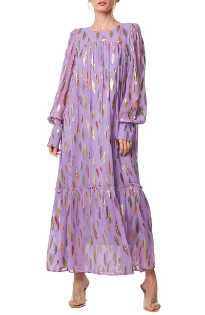 Shop Ciebon Eryn Metallic Print Tie Waist Long Sleeve Maxi Dress In Lilac