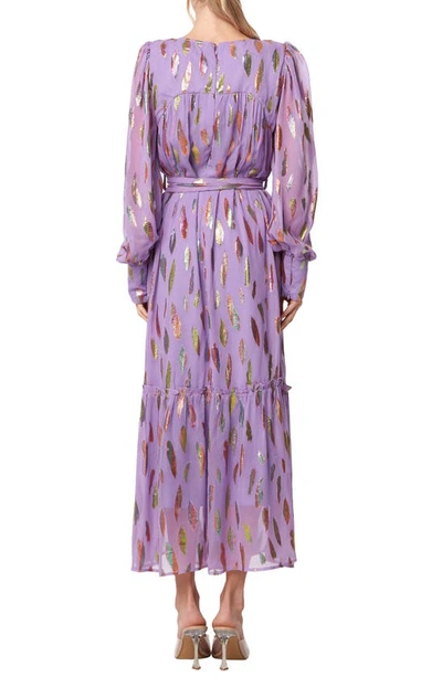 Shop Ciebon Eryn Metallic Print Tie Waist Long Sleeve Maxi Dress In Lilac
