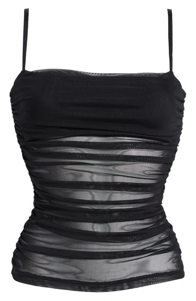 Shop Open Edit Ruched Mesh Camisole In Black