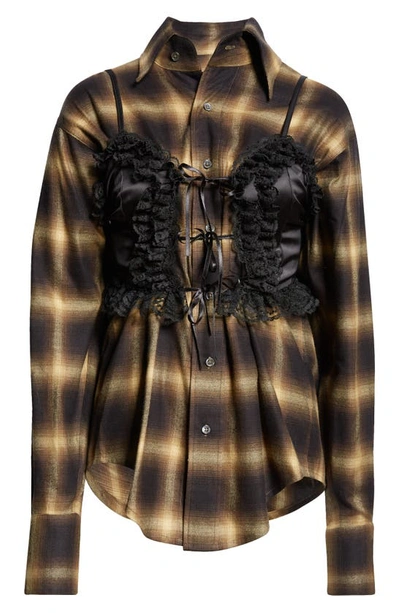 Shop Vaquera Bustier Overlay Flannel Button-up Shirt In Black Check