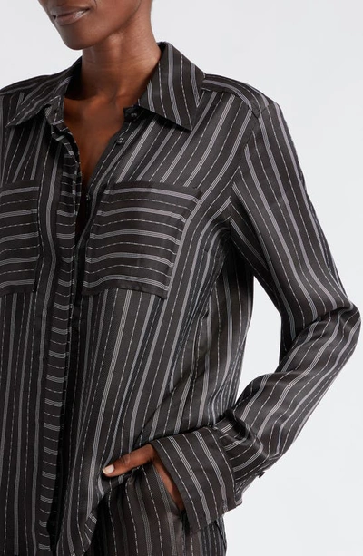 Shop Ramy Brook Jamie Variegated Stripe Twill Button-up Shirt In Black Combo