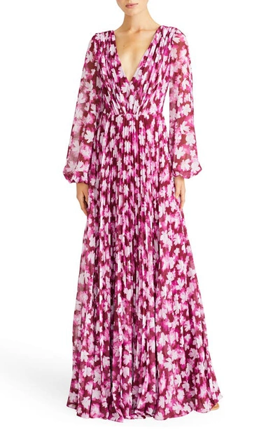 Shop ml Monique Lhuillier Melanie Pleated Floral Long Sleeve Chiffon Gown In Floral Shadow