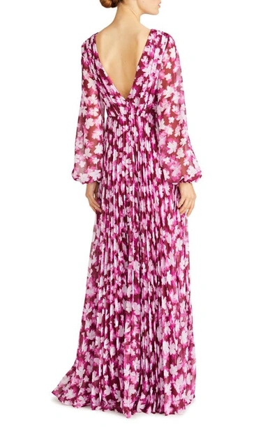 Shop ml Monique Lhuillier Melanie Pleated Floral Long Sleeve Chiffon Gown In Floral Shadow