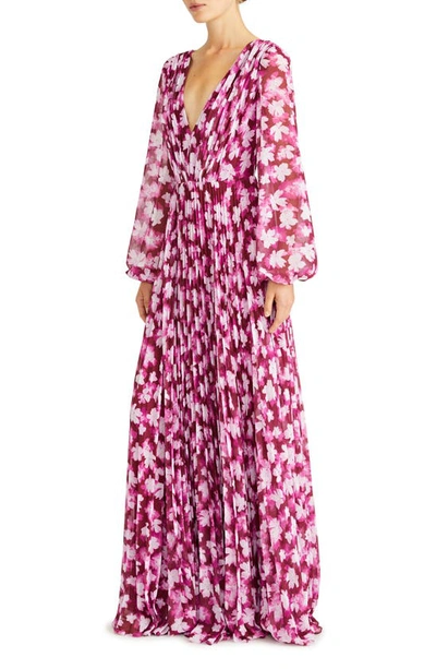 Shop ml Monique Lhuillier Melanie Pleated Floral Long Sleeve Chiffon Gown In Floral Shadow