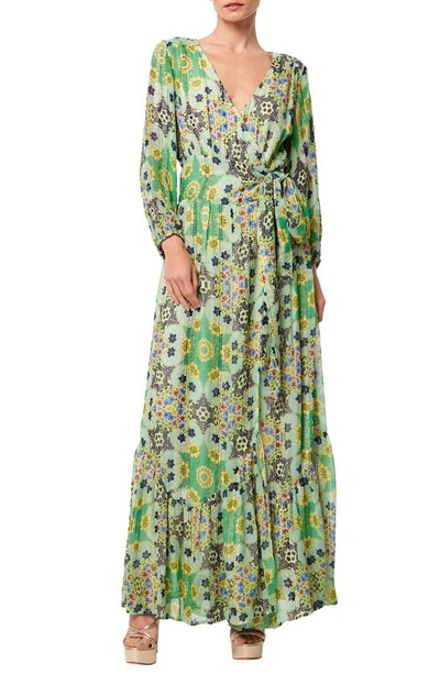 Shop Ciebon Shani Metallic Floral Print Long Sleeve Wrap Dress In Green Multi
