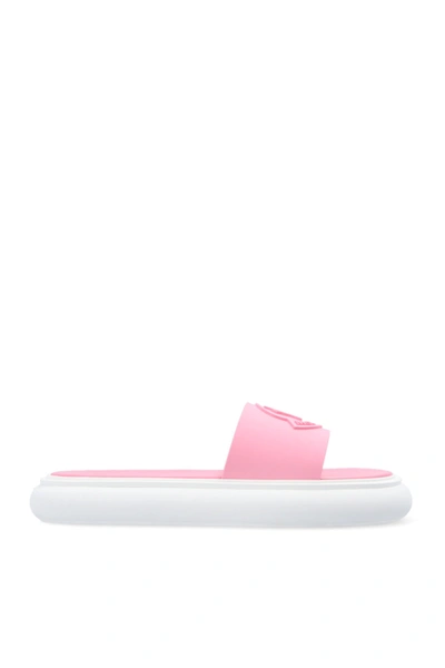Shop Moncler Pink Slides With Logo In New