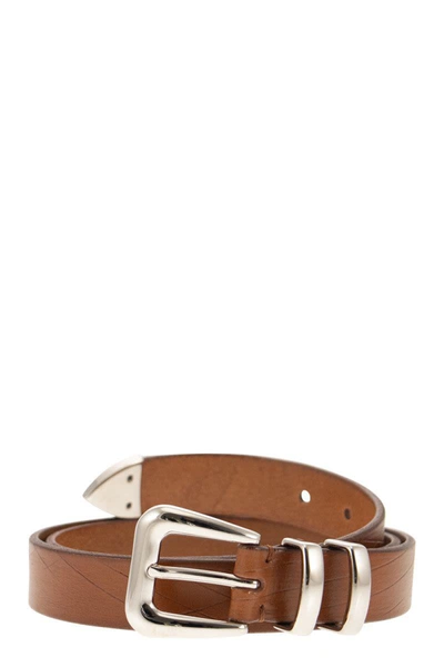 Shop Brunello Cucinelli Leather Scratched Belt With Tip In Brown