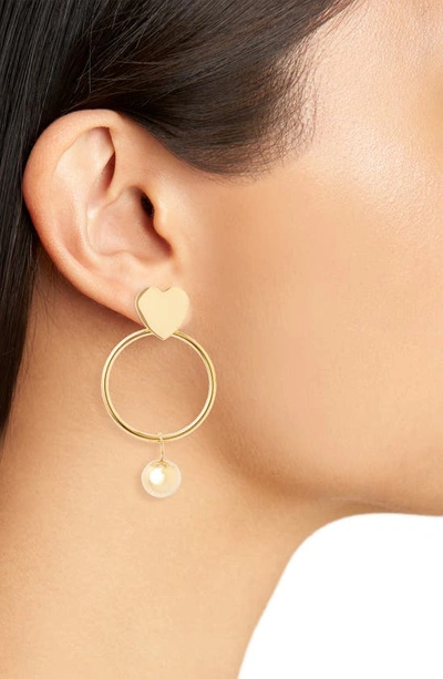 Shop Knotty Heart Hoop Imitation Pearl Drop Earrings In Gold