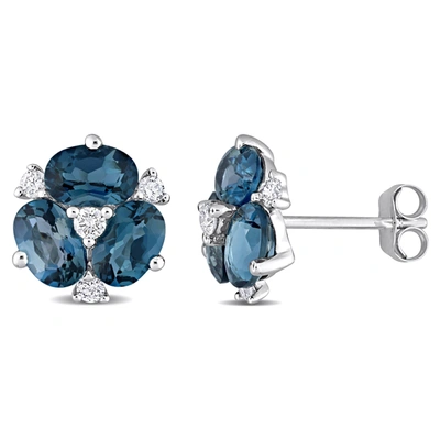 Mimi & Max 3ct Tgw London Blue Topaz And 1/4ct Tdw Diamond Floral Earrings In 14k White Gold In Blue