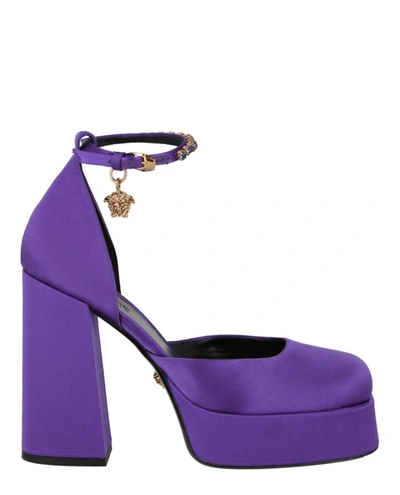 Shop Versace Medusa Aevitas Satin Pumps In Purple