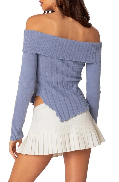 Edikted Sonya Foldover Off The Shoulder Sweater In Blue