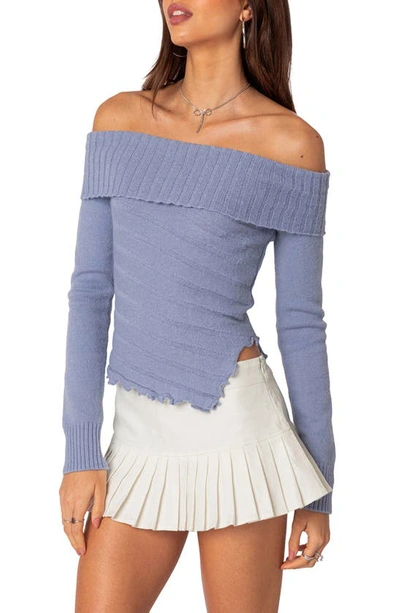 Edikted Sonya Foldover Off The Shoulder Sweater In Blue