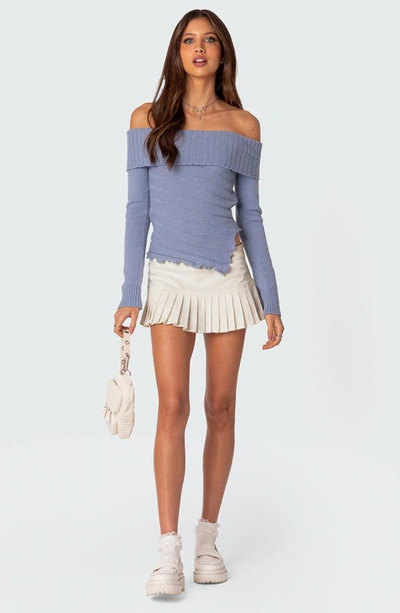 Edikted Sonya Foldover Off The Shoulder Sweater In Blue