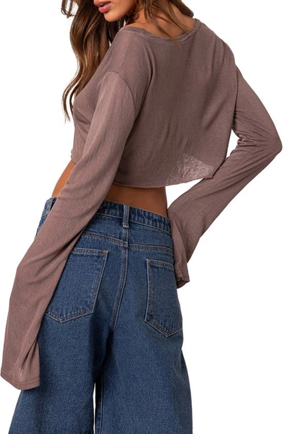 Shop Edikted Sheer Raw Hem Crop Top In Brown