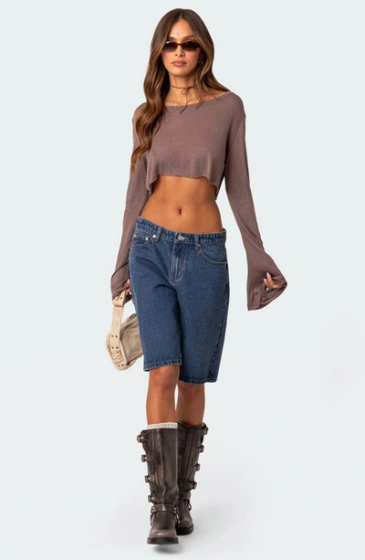 Shop Edikted Sheer Raw Hem Crop Top In Brown