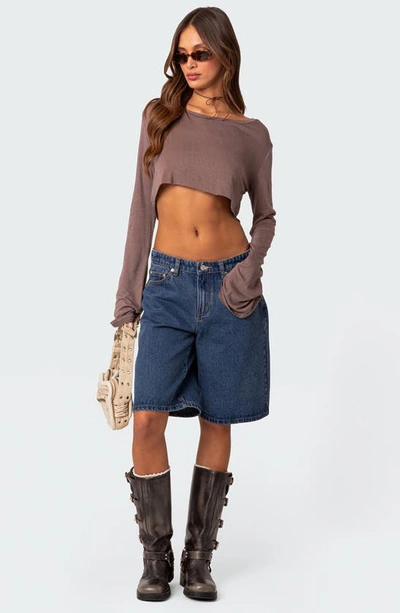 Edikted Sheer Raw Hem Crop Top In Brown