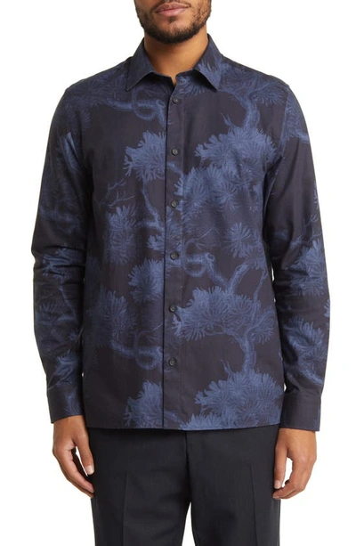 Shop Ted Baker Goxhill Regular Fit Tree Print Button-up Shirt In Dark Blue