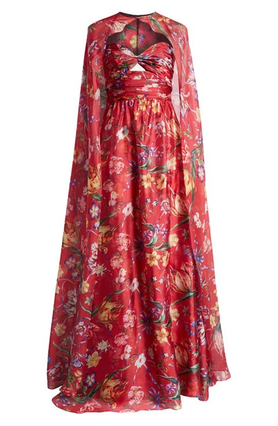 Marchesa Notte Cutout Floral-print Sweetheart Cape Gown In Fuchsia