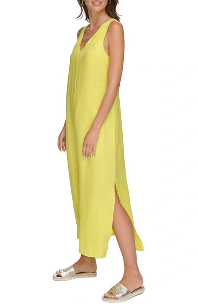 Shop Dkny V-neck Linen Maxi Dress In Limonata