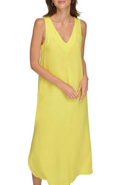 Shop Dkny V-neck Linen Maxi Dress In Limonata