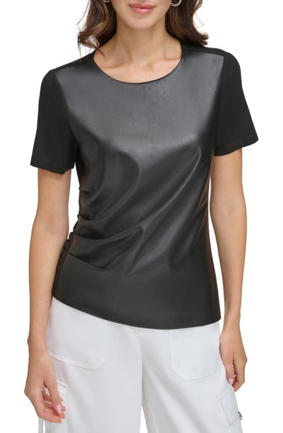 Shop Dkny Mixed Media Faux Leather Ruched T-shirt In Black/ Black