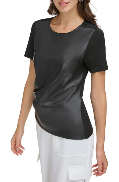Shop Dkny Mixed Media Faux Leather Ruched T-shirt In Black/ Black