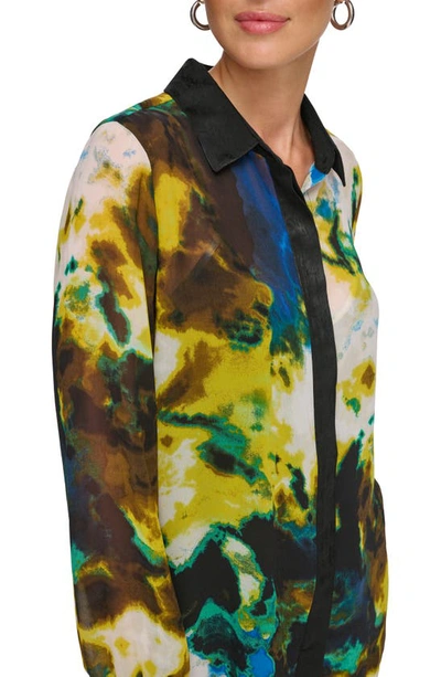 Shop Dkny Printed Chiffon Button-up Shirt In Citrine/ Black Multi