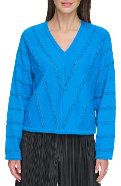 Shop Dkny Metallic Chevron Pointelle Sweater In Electric Blue