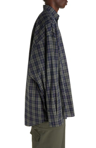 Shop Balenciaga Check Oversize Cotton Flannel Button-down Shirt In Navy/ Khaki