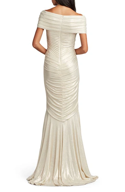 Shop Tadashi Shoji Off The Shoulder Metallic Jersey Gown In Ivory