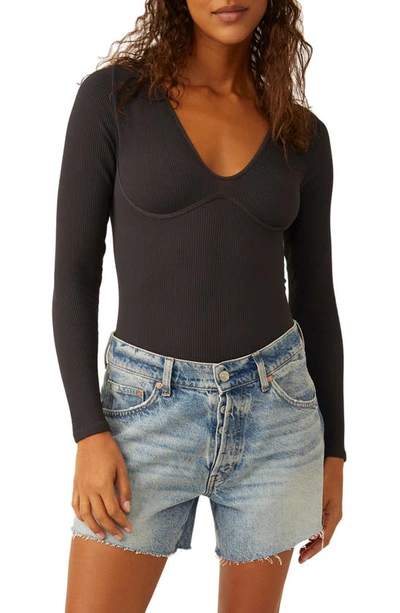 Shop Free People Intimately Fp Meg Rib Seamless Thong Bodysuit In Charcoal