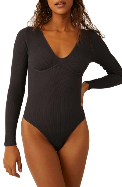 Shop Free People Intimately Fp Meg Rib Seamless Thong Bodysuit In Charcoal