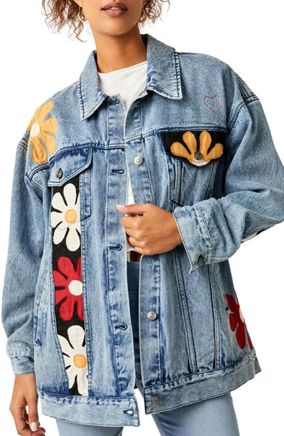 Shop Free People Annie's Flower Bomb Oversize Patchwork Denim Jacket In Denim Medium Blue