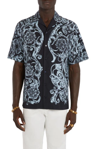 Shop Versace Barocco Stencil Cotton Button-up Shirt In Navy Pale Blue