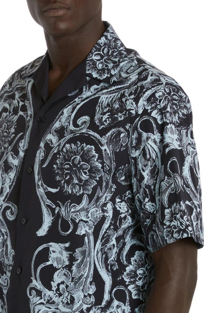 Shop Versace Barocco Stencil Cotton Button-up Shirt In Navy Pale Blue