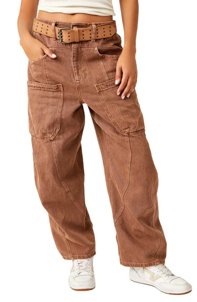 Shop Free People New School Relaxed Straight Leg Cargo Jeans In Warm Brown