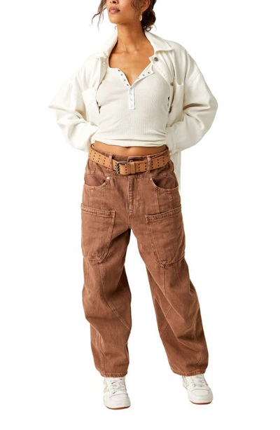 Free People New School Relaxed Straight Leg Cargo Jeans In Warm Brown
