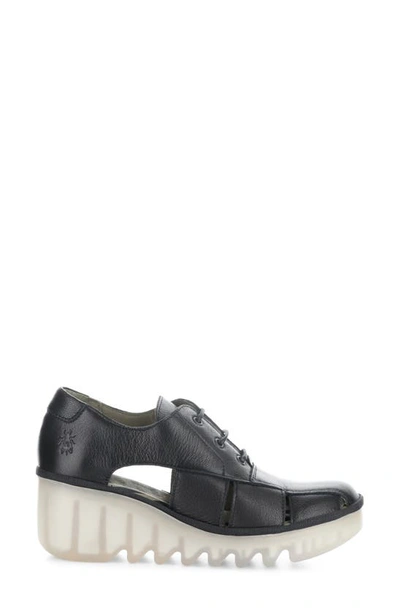 Fly London Bogi Platform Wedge Oxford In Black Mousse