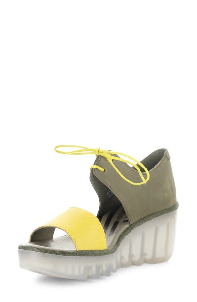 Fly London Bilu Platform Wedge Sandal In Yellow/ Khaki